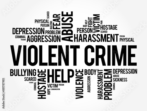 Violent crime - in which an offender or perpetrator uses or threatens to use harmful force upon a victim, word cloud concept background