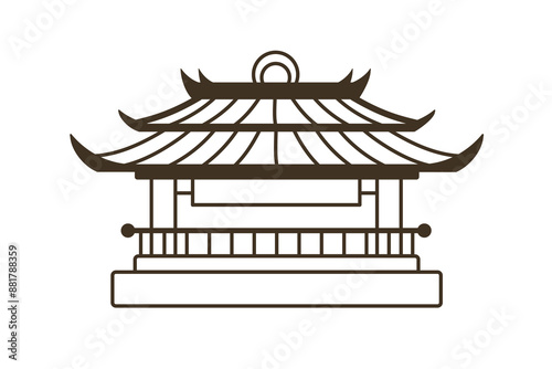 Temple, Chinese pagoda roof. Line art ancient building in China. Asian traditional architecture, lineart contour icon. Oriental landmark. Linear flat vector illustration isolated on white background