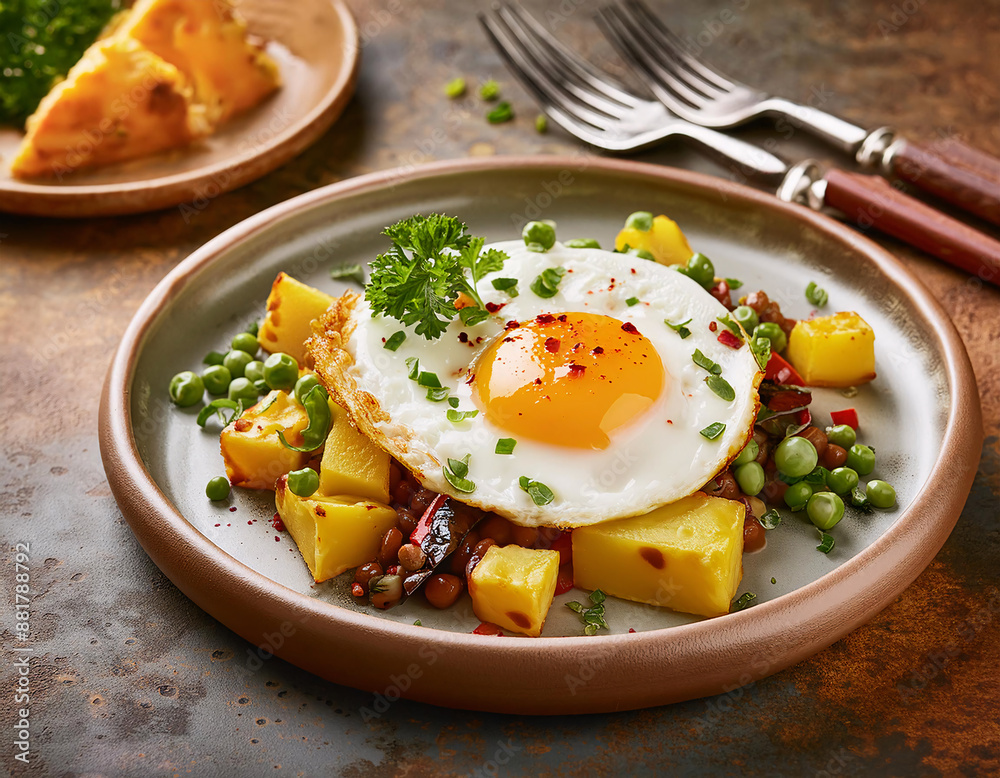 A sunny side up egg rests atop diced potatoes and peas, harmoniously arranged