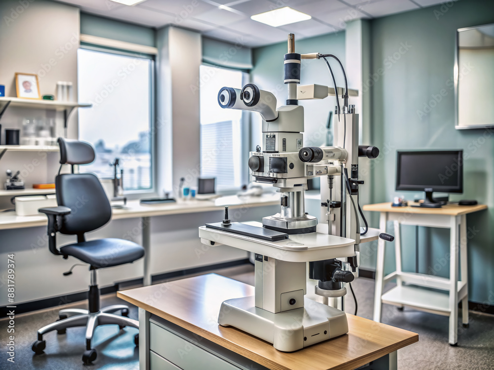 A medical instrument, slit lamp, sits on a clinic counter, surrounded by ophthalmology equipment, ready for an eye exam in a clean and modern clinical setting. A medical instrument, slit lamp, sits on a clinic counter, surrounded by ophthalmology equipment, ready for an eye exam in a clean and modern clinical setting.