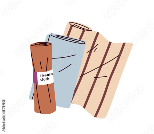 Cleaning cloth, towel. Domestic fabric, eco-friendly rag, textile duster, clean supplies. Zero-waste reusable household accessories. Flat vector illustration isolated on white background