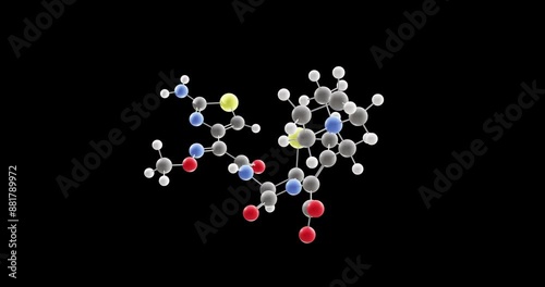 Cefepime molecule, rotating 3D model of cephalosporin antibiotic, looped video on a black background photo