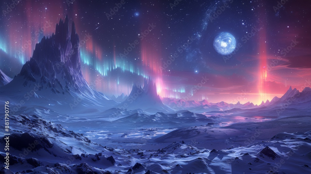 Naklejka premium Aurora Borealis Over a Snowy Mountain Range