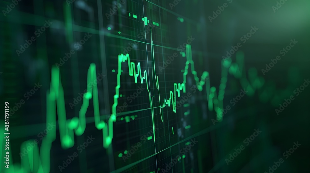 A digital display of stock market data showing fluctuating graphs and trends in green tones, symbolizing financial analysis and trading. Abstract blur background. A digital display of stock market data showing fluctuating graphs and trends in green tones, symbolizing financial analysis and trading. Abstract blur background.