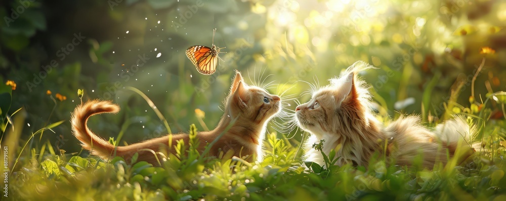 Fototapeta premium A dog is looking at a butterfly in a field. Free copy space for banner.