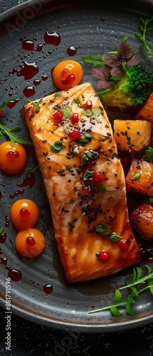 Elegant gourmet dish featuring perfectly seared salmon, roasted potatoes, and garnished with fresh herbs and vibrant sauce.