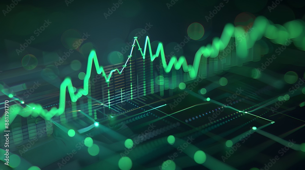 Abstract digital graph showing financial market data analysis with a glowing green line chart and blurred background. Abstract blur background. Abstract digital graph showing financial market data analysis with a glowing green line chart and blurred background. Abstract blur background.
