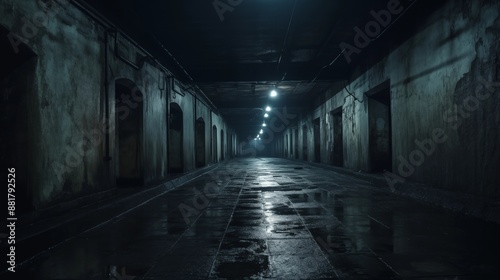 A dimly lit, eerie, and abandoned underground corridor with visible moisture on the concrete floor