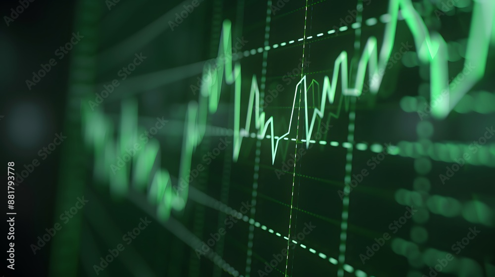 Fototapeta premium Close-up of a green stock market graph showing fluctuating financial data. Representing economic growth, investment analysis, and financial trends. Abstract blur background.