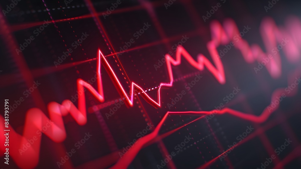 Fototapeta premium Close-up of a red financial chart graph on a dark background, depicting market trends and data analysis. Abstract blur background.