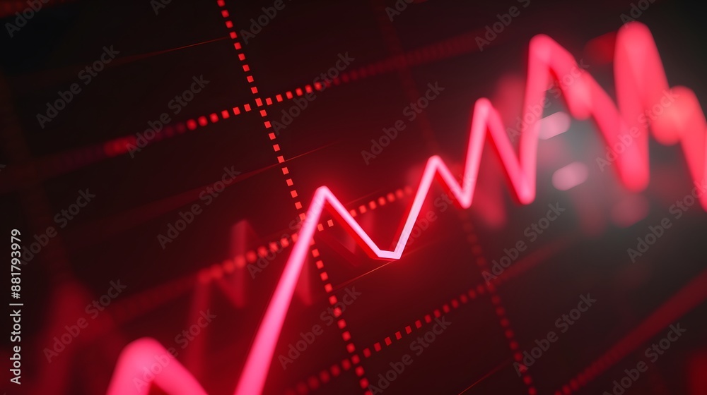 Fototapeta premium Close-up of a red stock market graph with a fluctuating line, depicting financial market trends and data analysis, suitable for financial concepts. Abstract blur background.