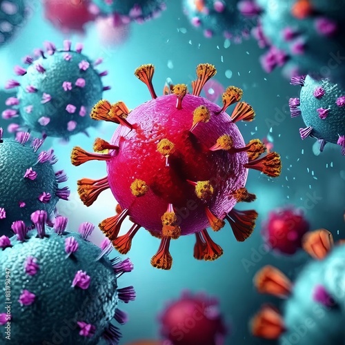 Microscopic enlargement of red virus - respitory virus outbreak - floating cells in body - virus shaped as covid, influenza, sars, corona, hiv, mers, cholera, variola, measles - disease organisms photo