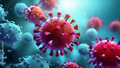 Microscopic enlargement of red virus - respitory virus outbreak - floating cells in body - virus shaped as covid, influenza, sars, corona, hiv, mers, cholera, variola, measles - disease organisms photo