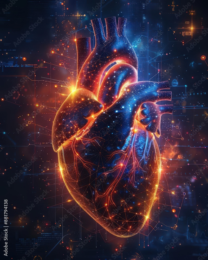Futuristic conceptual image of a human heart with digital elements and glowing highlights representing advanced technology and innovation.