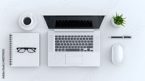 Flat lay of a neat and organized work desk showcasing a sleek laptop, chic journal, and potted plant, high-resolution detail, realistic texture, natural light, top-down perspective, fresh and tidy