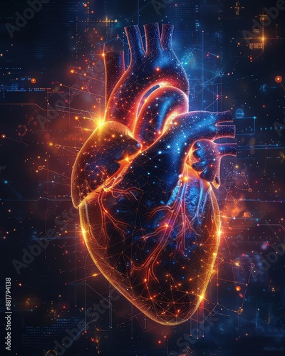 Futuristic conceptual image of a human heart with digital elements and glowing highlights representing advanced technology and innovation.