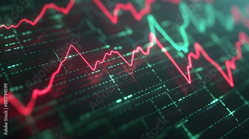 Close-up view of a fluctuating stock market graph with red and green lines, representing market trends and financial data analysis. Abstract blur background.