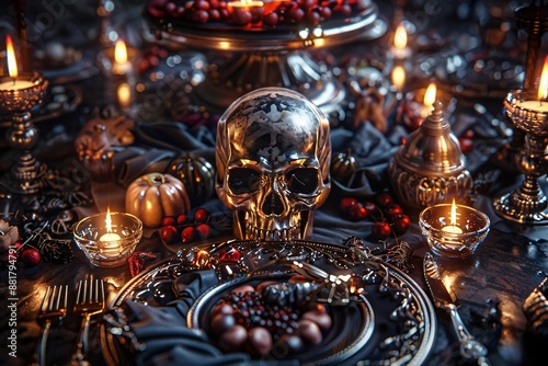 Luxurious and eerie dining table setup with golden skull centerpiece, candles, and dark, rich decor, perfect for a gothic or Halloween theme. © Siripong