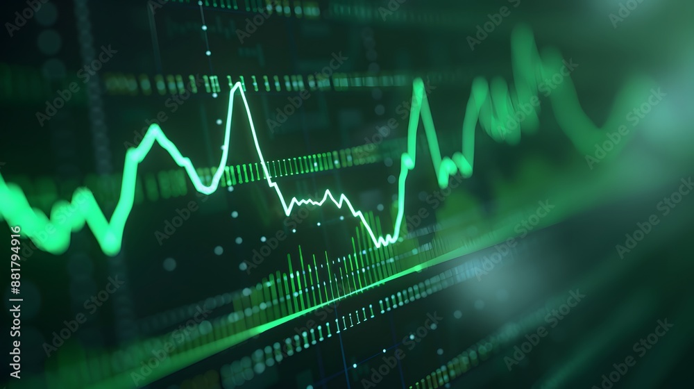 Digital financial data display with green line graphs on a screen illustrating market fluctuations and data analysis. Abstract blur background. Digital financial data display with green line graphs on a screen illustrating market fluctuations and data analysis. Abstract blur background.