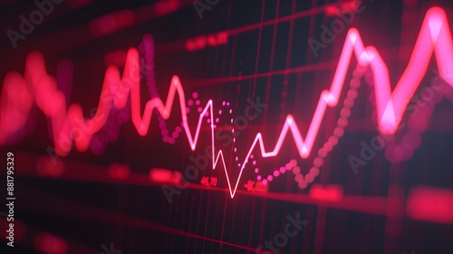 Dynamic digital financial graph with rising and falling trends in vibrant red tones, illustrating market fluctuations and data analysis. Abstract blur background.