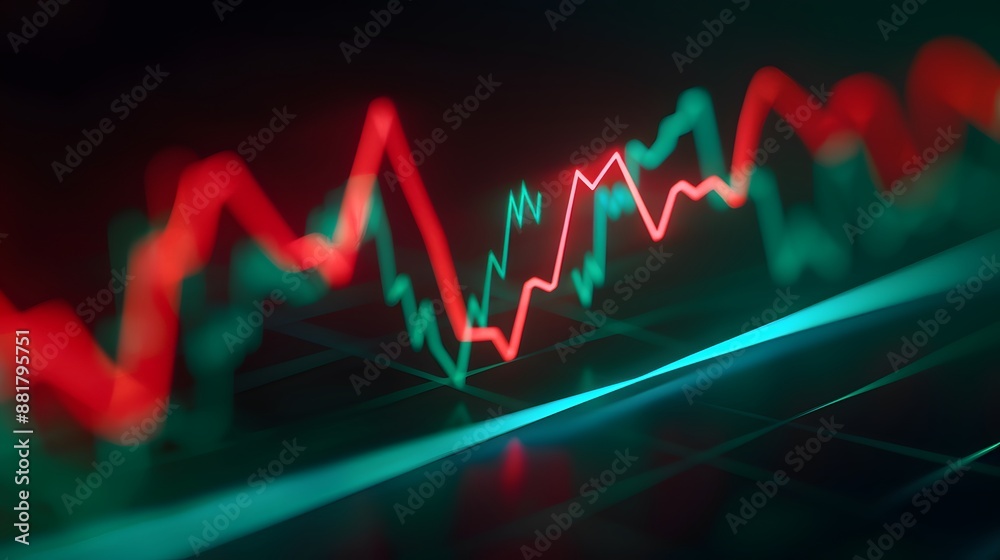 Obraz premium Dynamic stock market graph with fluctuating red and green lines representing financial trends and investment data. Perfect for finance themes. Abstract blur background.