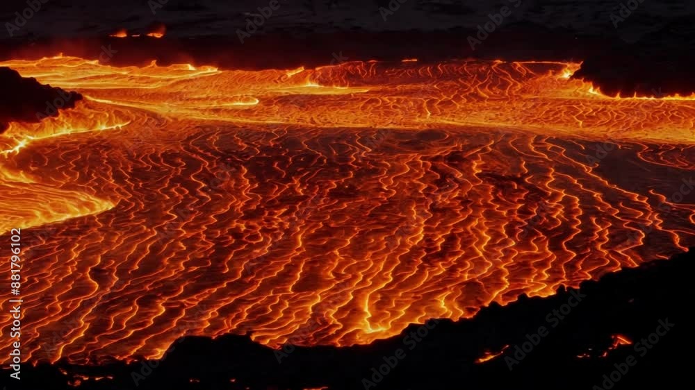 Close up view of active volcanic crater eruption. Hot lava and magma splashing out of crater.Beautiful and dangerous disaster. 4k video