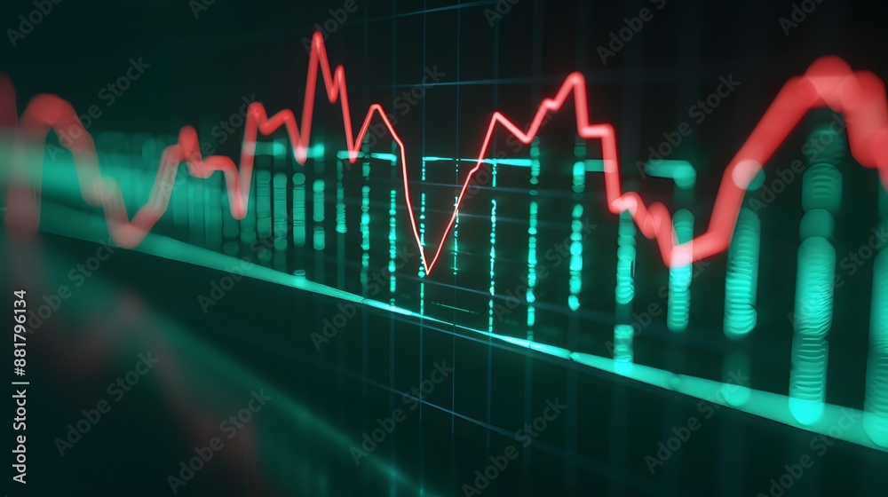 Graph displaying fluctuating stock market prices with green and red lines on a dark background depicting financial trends. Abstract blur background. Graph displaying fluctuating stock market prices with green and red lines on a dark background depicting financial trends. Abstract blur background.