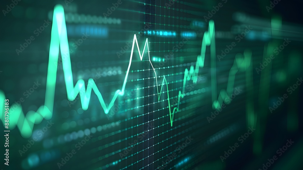 Green digital financial or stock market graph chart, showcasing data analysis, business trends, and economic performance in a dark background. Abstract blur background. Green digital financial or stock market graph chart, showcasing data analysis, business trends, and economic performance in a dark background. Abstract blur background.