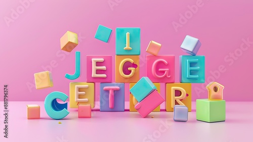 Playful 3D block letters spelling out the word togetherness in bright pastel colors on a pink background