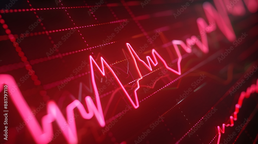 Fototapeta premium Red financial graph showing market trends and fluctuations, representing economic analysis and business performance. Abstract blur background.