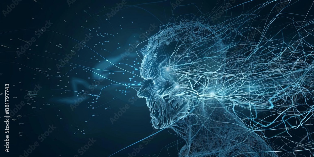 Abstract digital illustration of a human profile made of interconnected lines, symbolizing technology, AI, and neural networks. Abstract digital illustration of a human profile made of interconnected lines, symbolizing technology, AI, and neural networks.