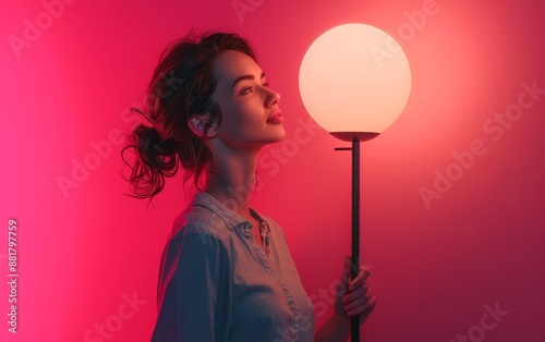 Young Woman Holding a Large Round Lamp Against Pink Background