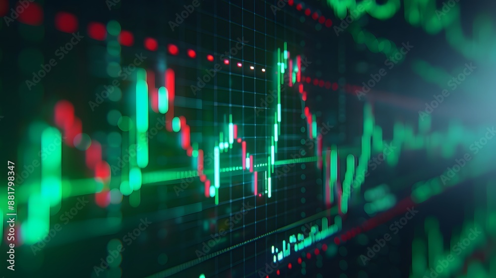 Stock market data visualization with fluctuating graph lines in green and red. Perfect for finance, trading, and investment themes. Abstract blur background.