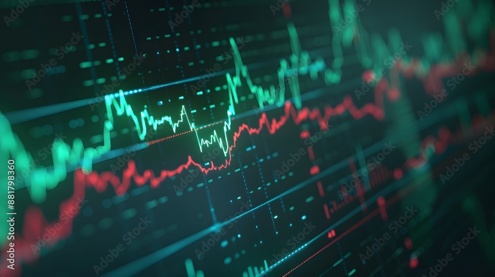 Stock market data with green and red financial graph lines showing market trends, analysis, and trading activities. Abstract blur background. Stock market data with green and red financial graph lines showing market trends, analysis, and trading activities. Abstract blur background.