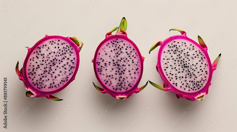 Three halves of a dragon fruit with vibrant pink outer skin and black seeds. Three halves of a dragon fruit with vibrant pink outer skin and black seeds.