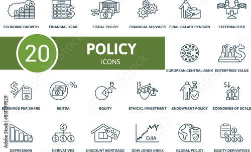 Policy thin line icon set. Economic Growth, Financial Year, Fiscal Policy, Financial Services, Final Salary Pension, Externalities, European Central, Enterprise Value, Earnings Per Share, Ebitda icons