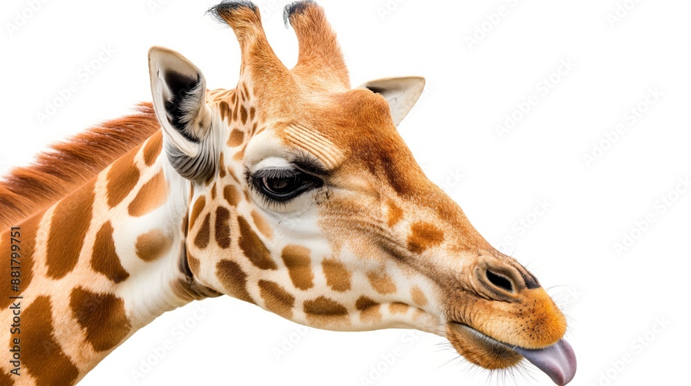 Obraz premium A giraffe is licking its tongue. The giraffe is brown and white