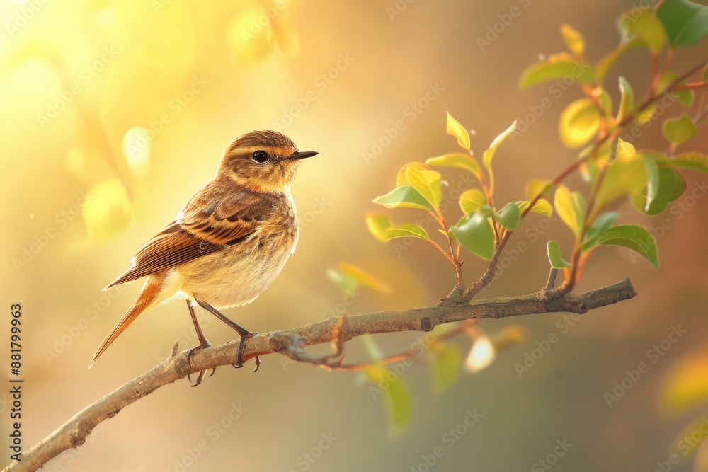A small bird sits on a branch of a tree, looking around A small bird sits on a branch of a tree, looking around