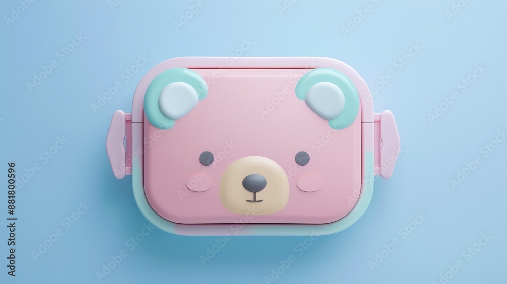 Adorable 3D rendering of a pink bear-shaped lunch box with a happy face against a blue background Adorable 3D rendering of a pink bear-shaped lunch box with a happy face against a blue background
