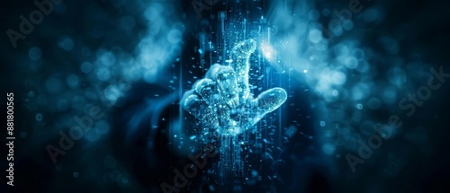 A futuristic digital hand reaching out, surrounded by glowing lines and particles, symbolizing technology, innovation, and virtual reality. photo