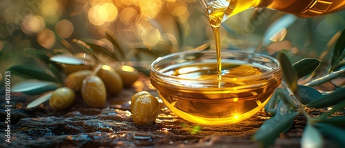 Golden olive oil being poured into a glass bowl surrounded by olives and olive branches in a warm, sunlit setting.