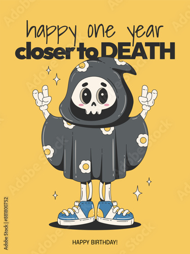 Happy birthday greeting card in retro groovy style. Cute creepy Death character in boots. Vector illustration on yellow background.