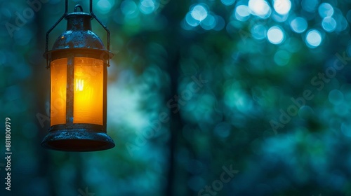 A glowing lantern hanging in a dark, blurred forest background, conveying warmth, mystery, and tranquility as night falls.