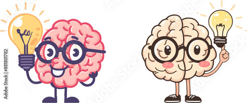 Cute pink brain character with glasses holding up a light bulb, a simple flat vector illustration on a white background