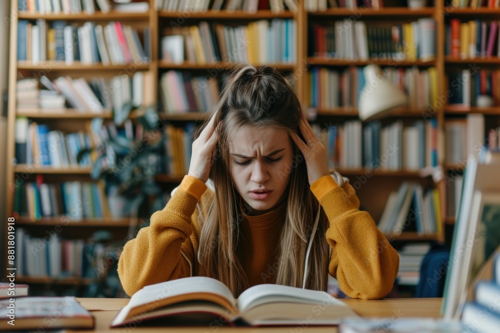 girl sitting at a bright modern library table with shelves of books in the background girl sitting at a bright modern library table with shelves of books in the background