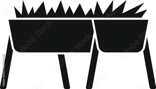 Black silhouette of a double dog feeder filled with food, isolated on a white background