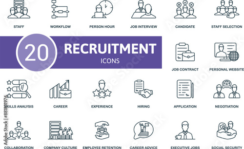 Recruitment thin line icon set. Staff, Workflow, Person Hour, Job Interview, Candidate, Staff Selection, Job Contract, Personal Website, Skills Analysis, Career icons and more