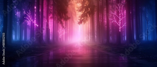 A mesmerizing forest illuminated with radiant pink, purple, and blue lights, creating an enchanting and magical ambiance.