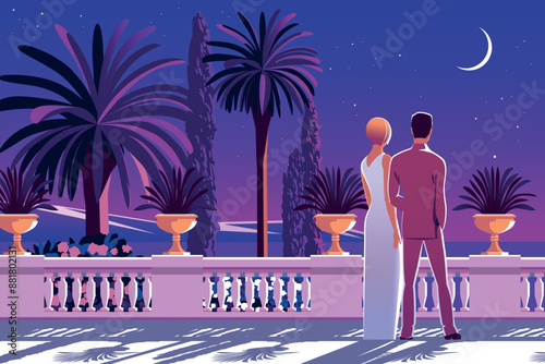 A young couple on a terrace in an evening Mediterranean park against the backdrop of palm trees and the sea. Handmade drawing vector illustration.