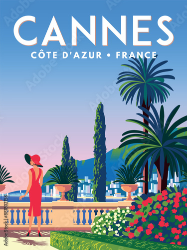 Beautiful girl on a terrace surrounded by palm trees and flower beds at a resort in the French Riviera. Retro style poster. Handmade drawing vector illustration. 
